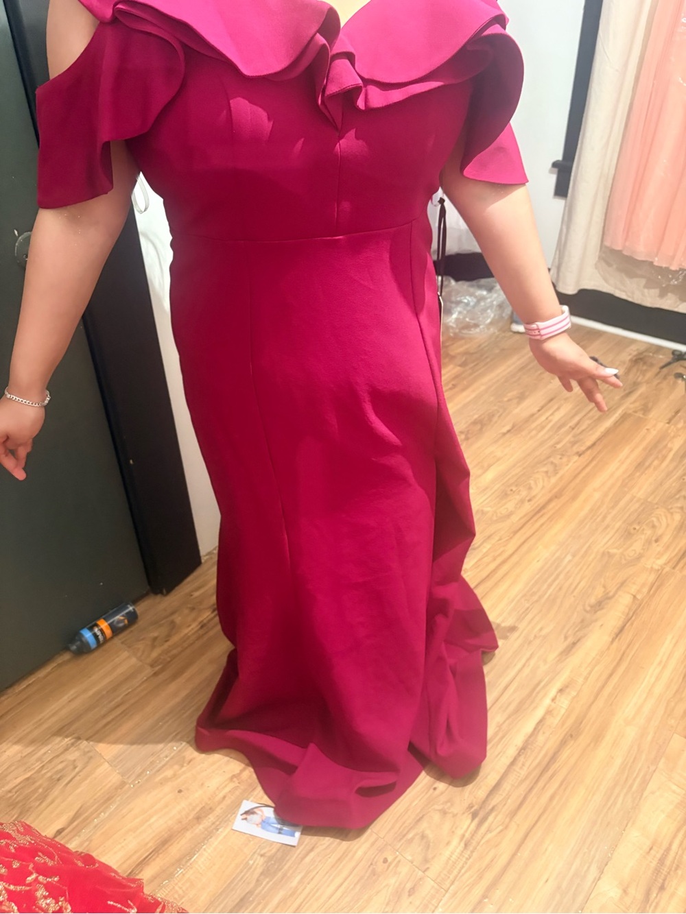 Ruffled Off-Shoulder Mermaid Prom Dress in Fuchsia Pink